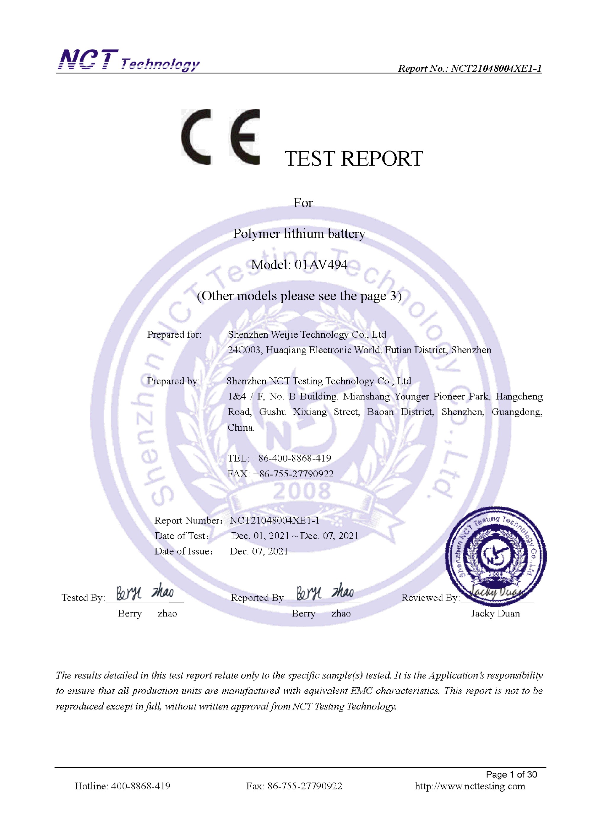 NCT21048004X k8 01AV494 CE-EMC TEST REPORT